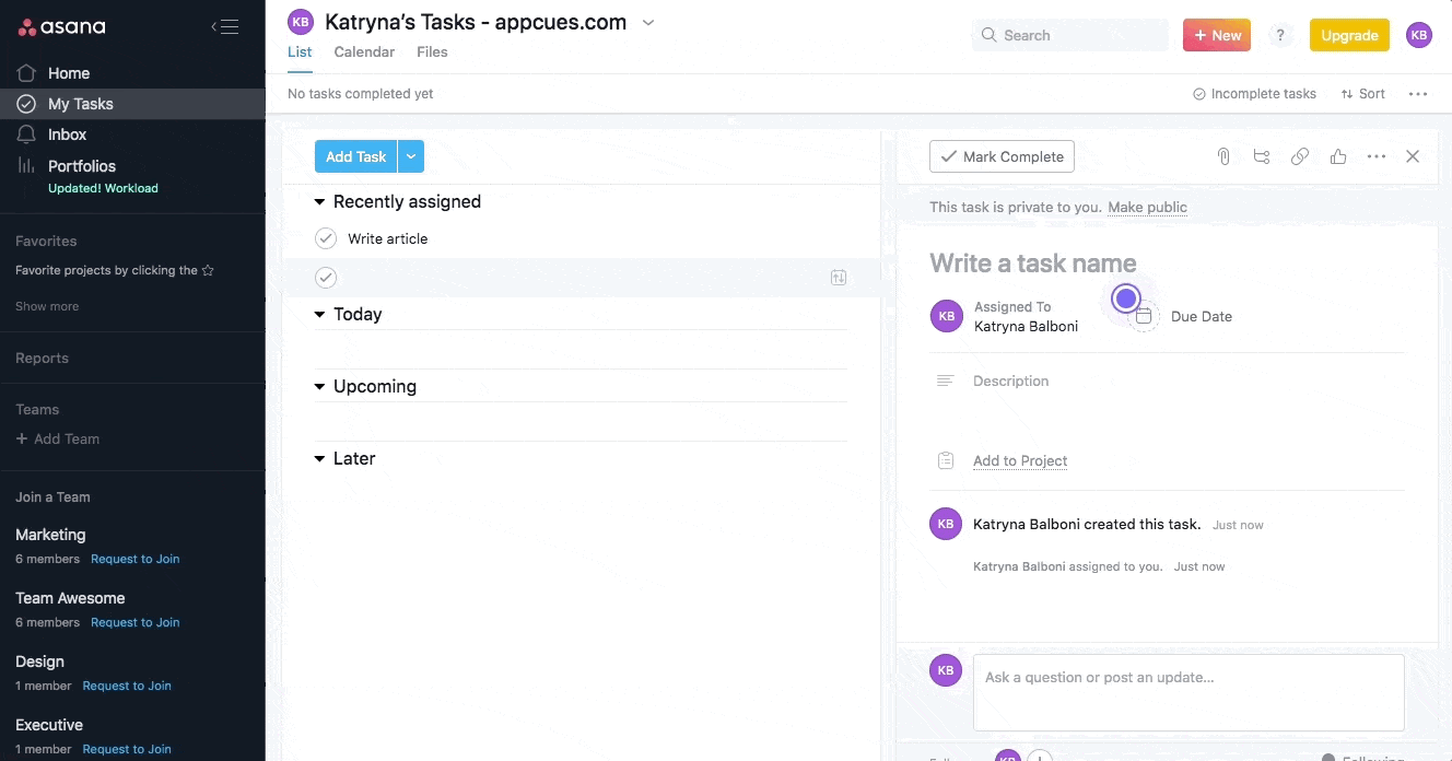 asana onboarding product tour walkthrought example with step by step instructions