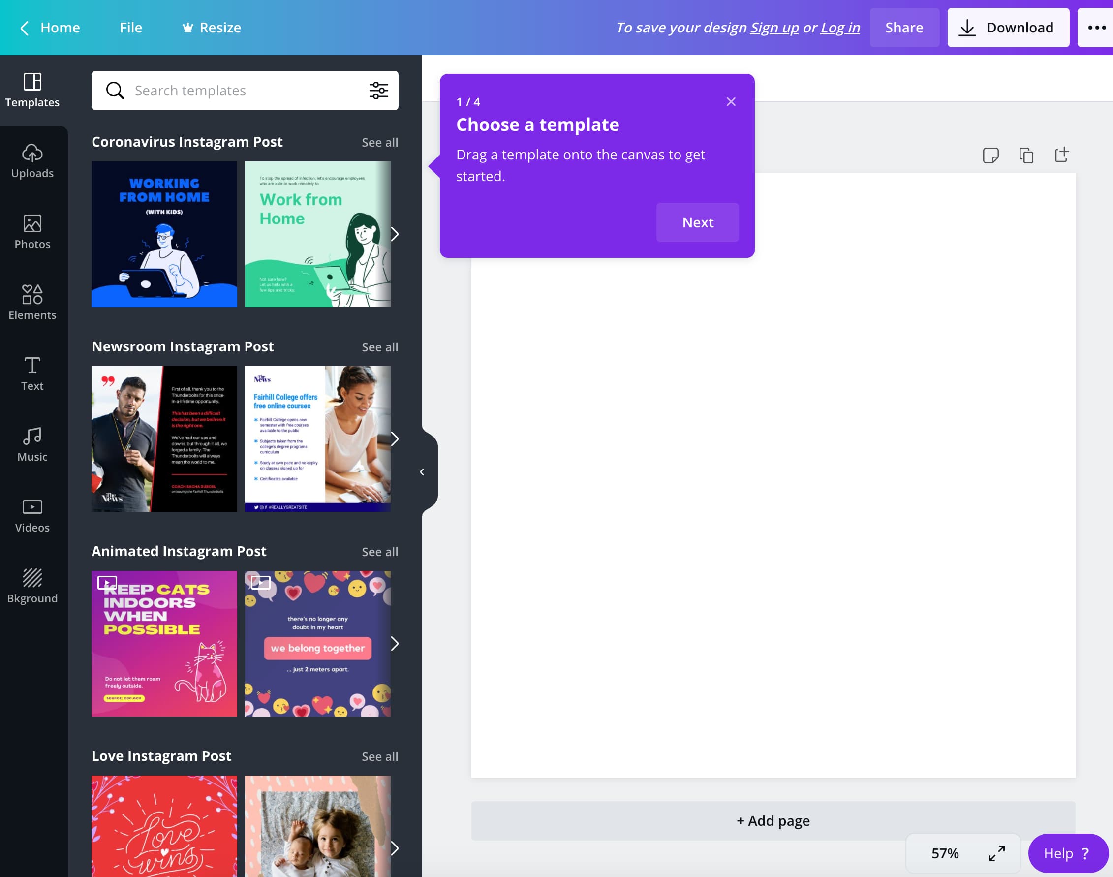Screenshot of Canva's design flow for first-time users 