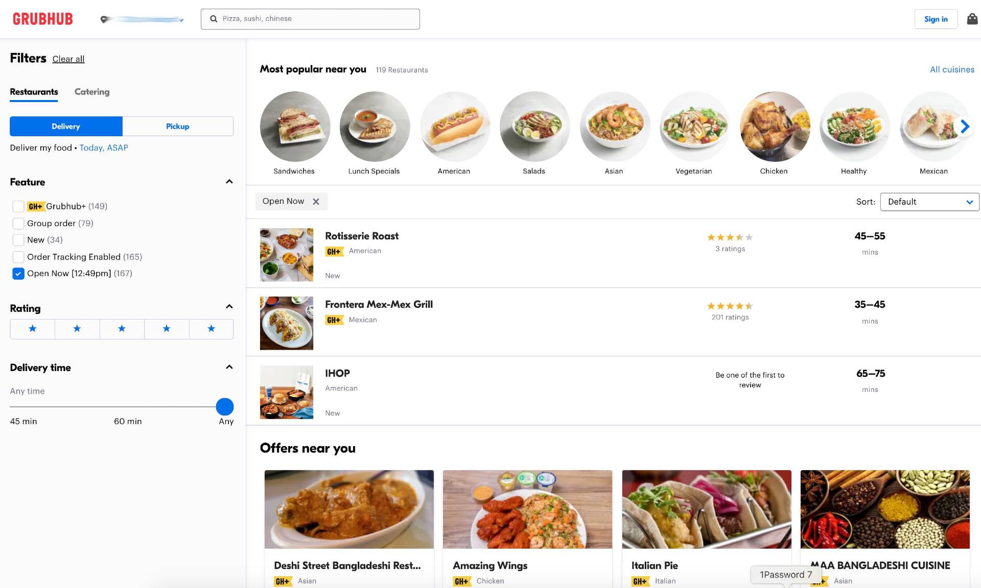 Grubhub homepage example of aha moment by narrowing choices