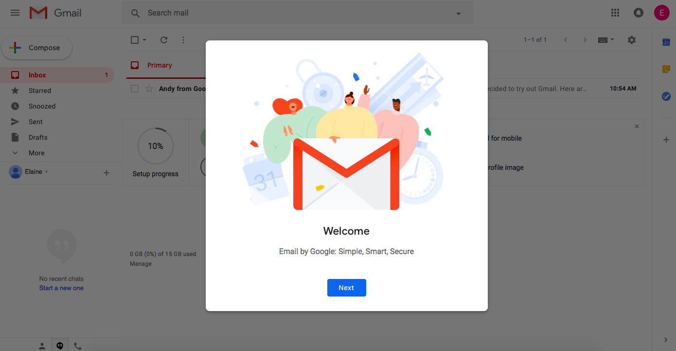 gmail user onboarding ux example modal welcome  