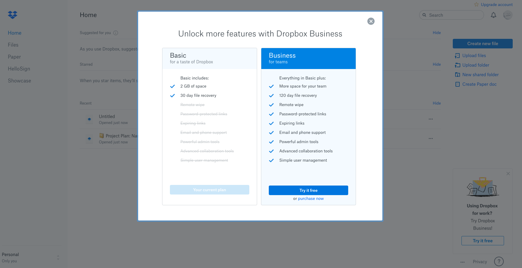 This is a screenshot image of an upgrade prompt from Dropbox. This is a modal window that says: unlock more features with dropbox business and compares the features and functionality of a basic vs business dropbox plan.