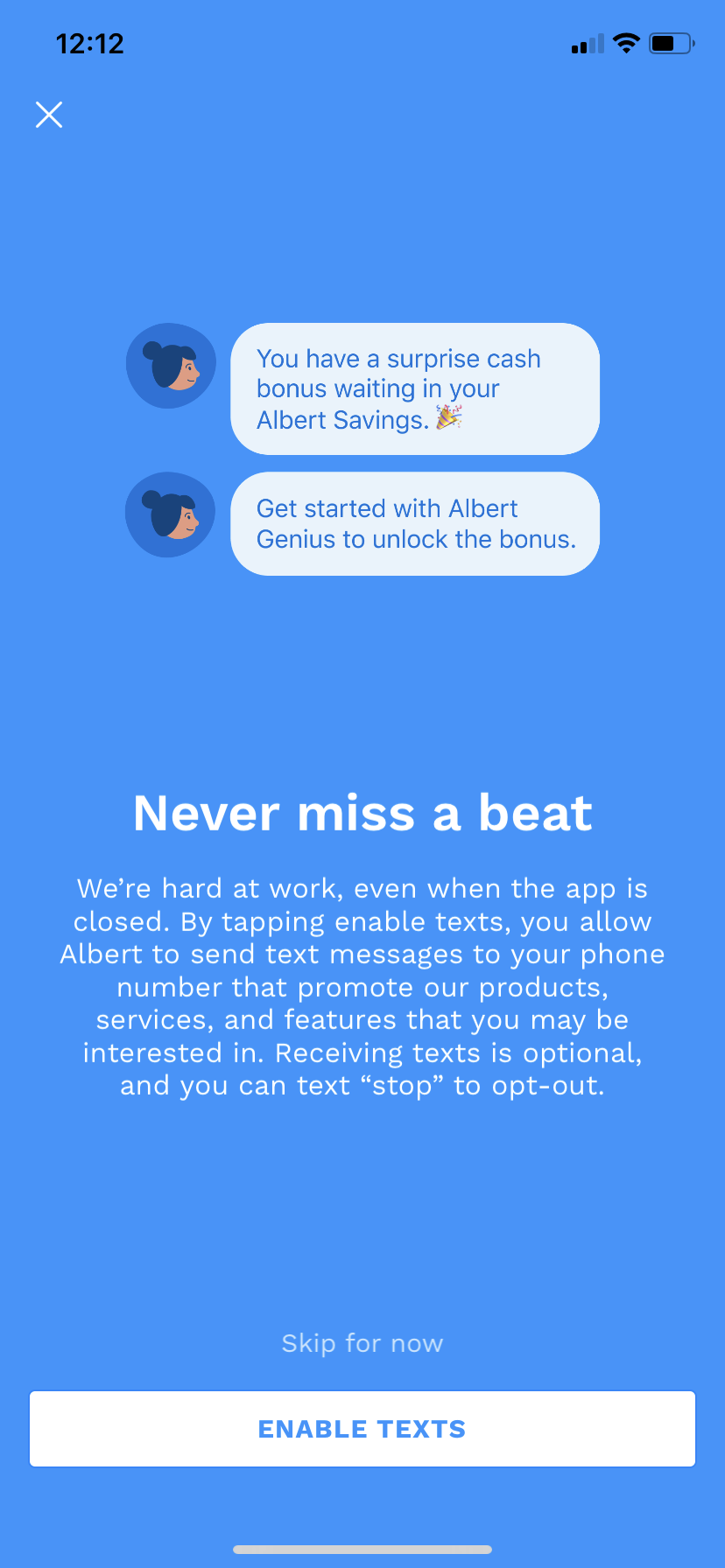 albert text sms opt in permission priming modal popup window