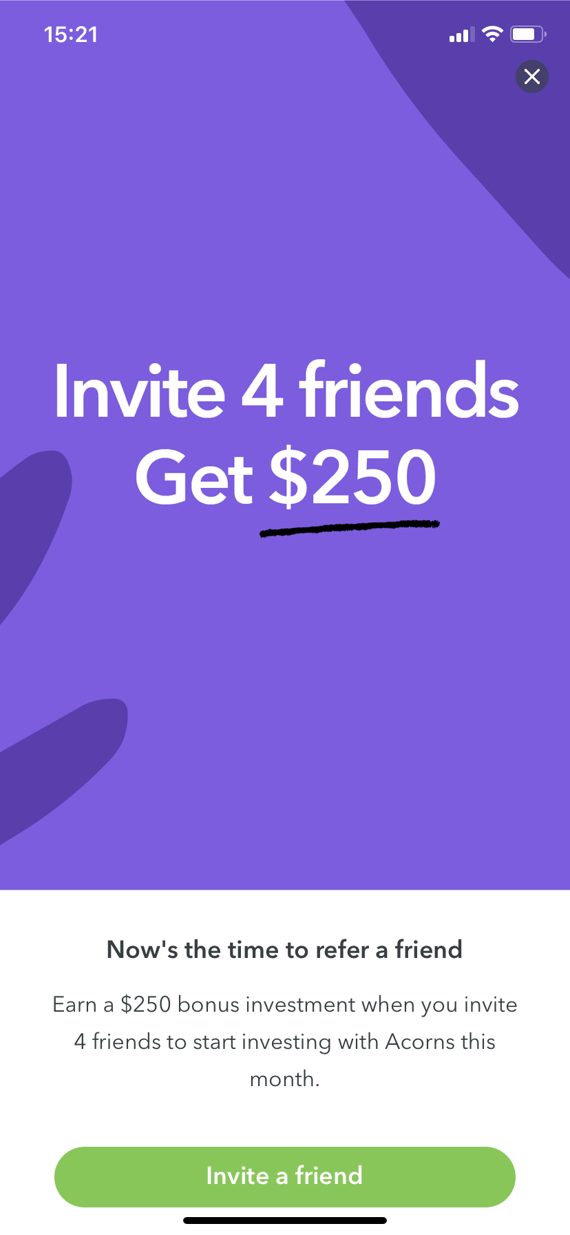 acorns invite a friend referral campaign in-app marketing