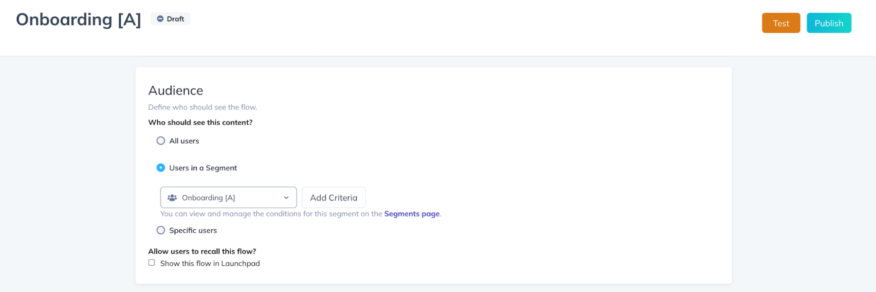 Screenshot of Appcues Segment A in user onboarding Flow A/B test