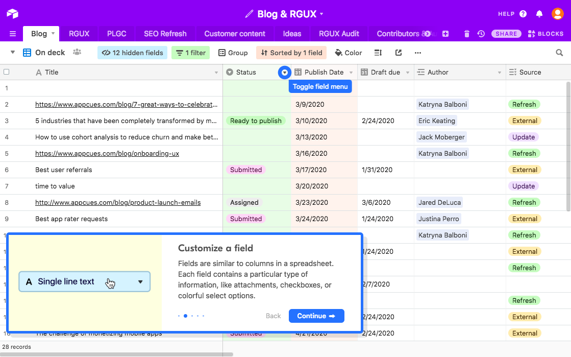 new airtable onboarding from 2020 with feature prompts