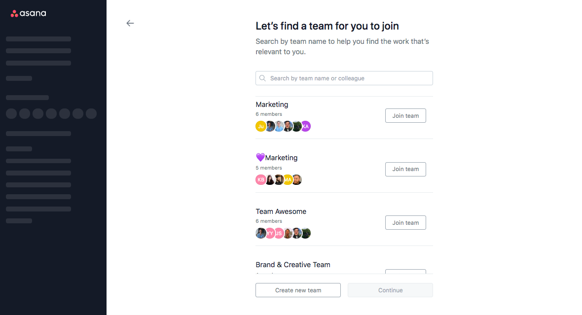asana find a team to join automatically during onboarding