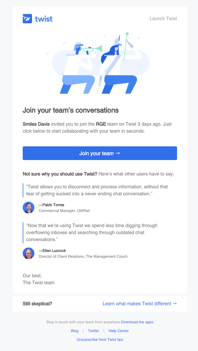 twist user onboarding invited user welcome email