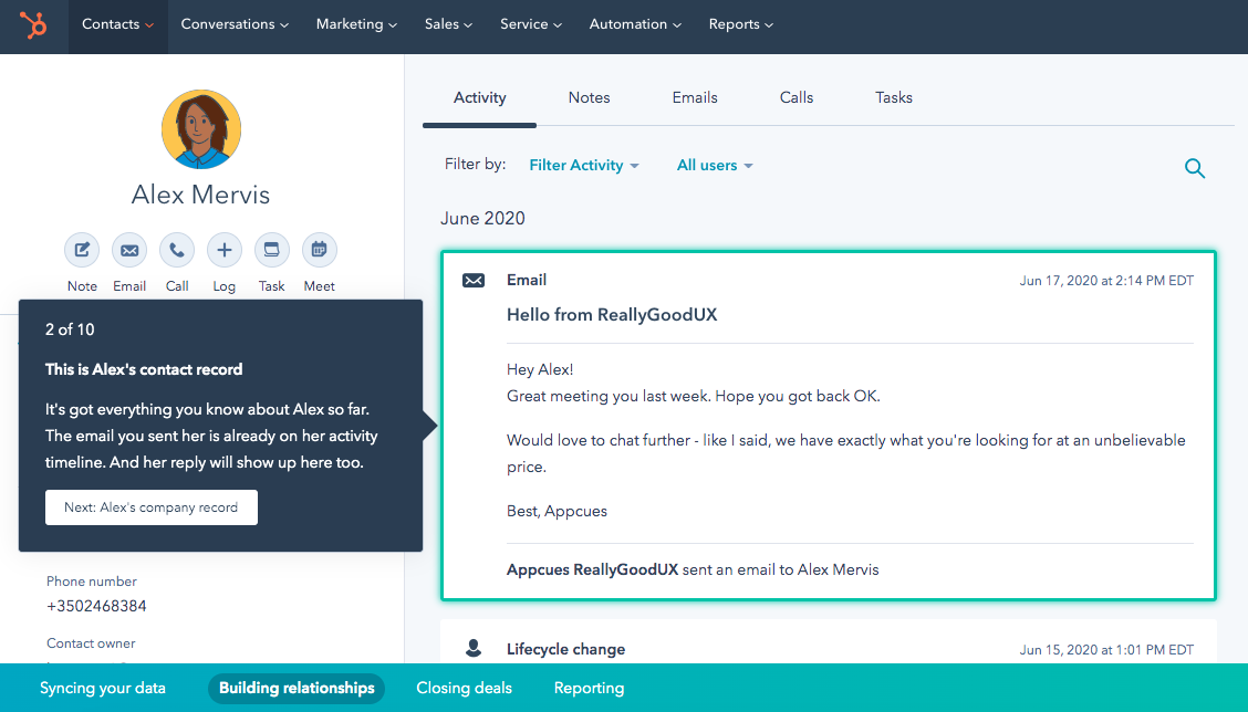 hubspot sales new user onboarding product tour